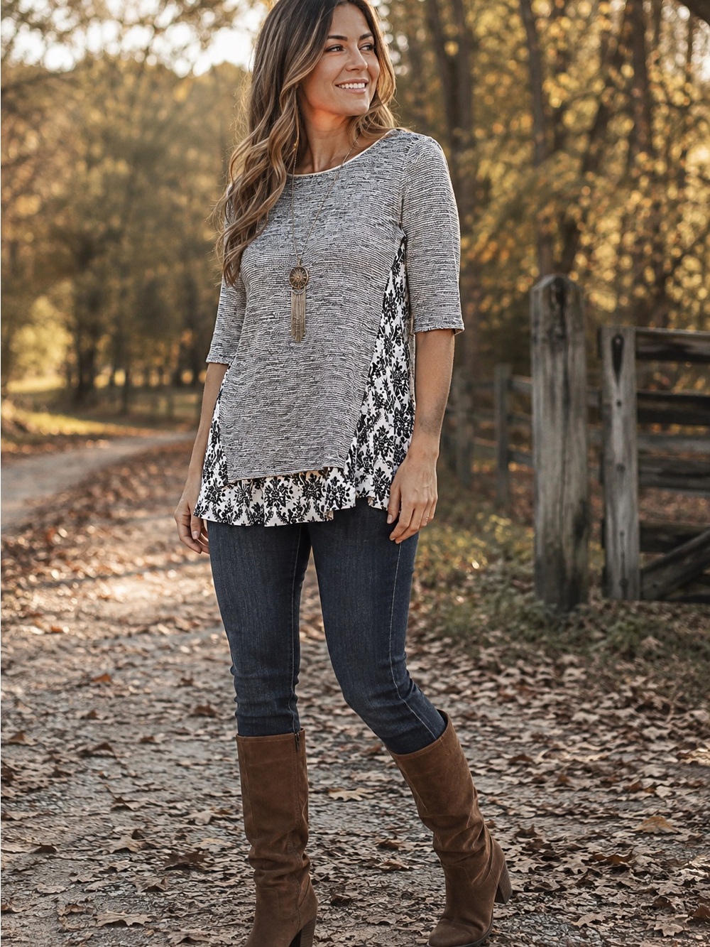 THML XS Black White Mixed Print Knit Tunic Top Elbow Sleeve Boutique